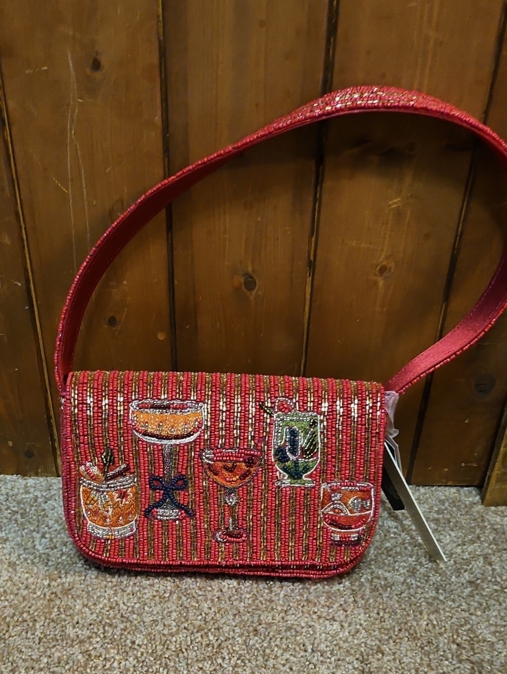 Red Beaded Holiday Cocktail Motif Shoulder Bag